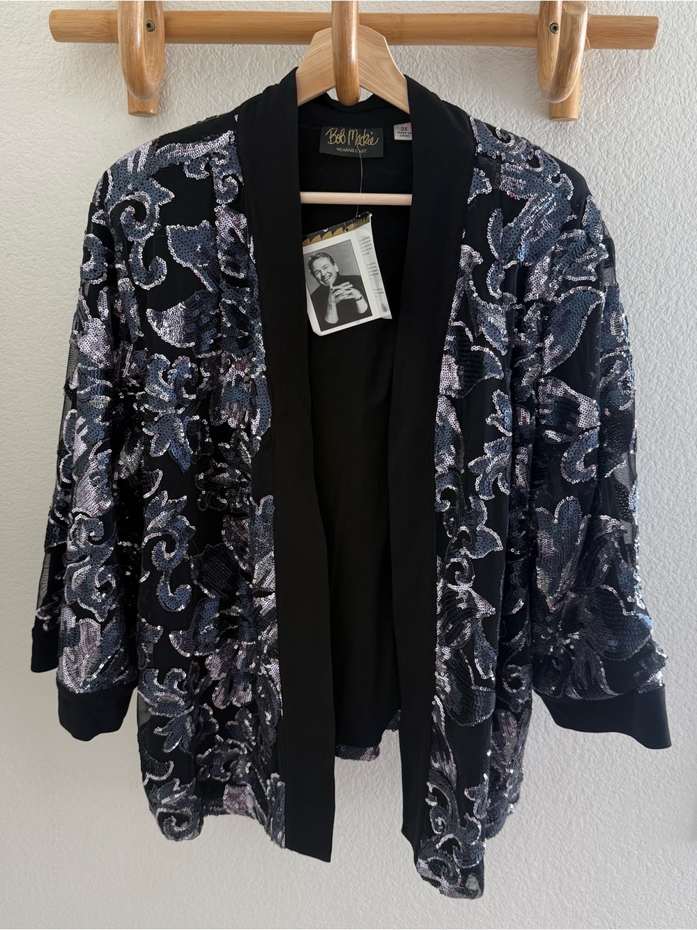 Bob Mackie Wearable Art Kimono open black silver floral sequined evening Jacket